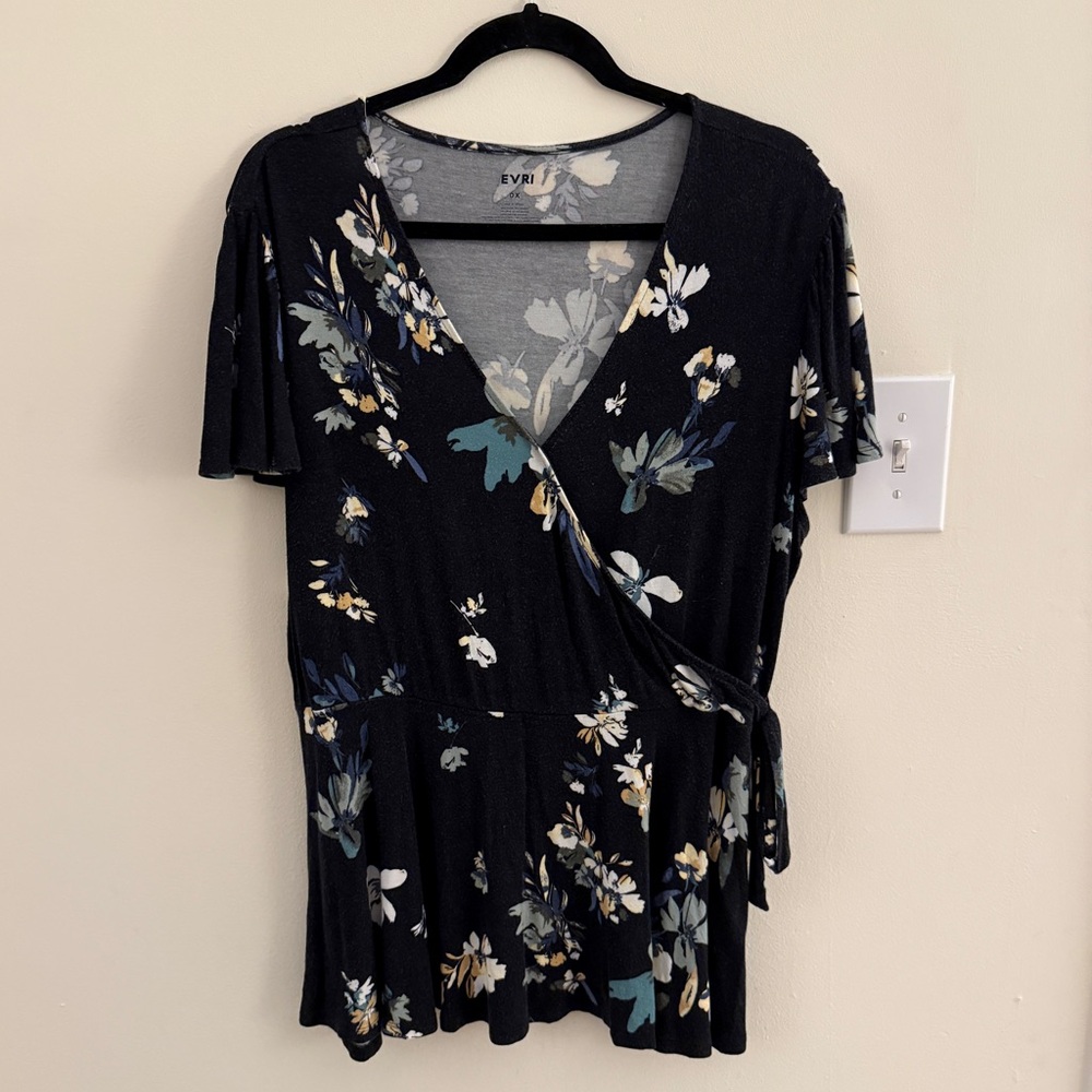 EVRI Women's Black Floral Wrap Blouse